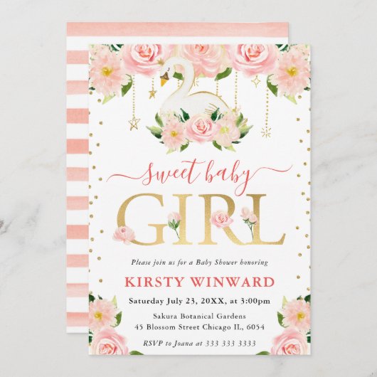 Invitation Aquarelle Floral Swan Girl Baby shower (Devant / Derrière)