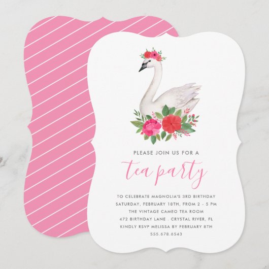 Invitation Aquarelle Floral Swan Princesse Anniversaire Tea P (Devant / Derrière)