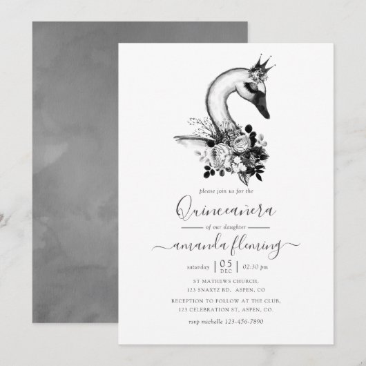 Invitation Aquarelle Floral Swan Quinceañera (Devant / Derrière)