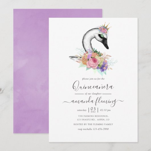 Invitation Aquarelle Floral Swan Quinceañera (Devant / Derrière)