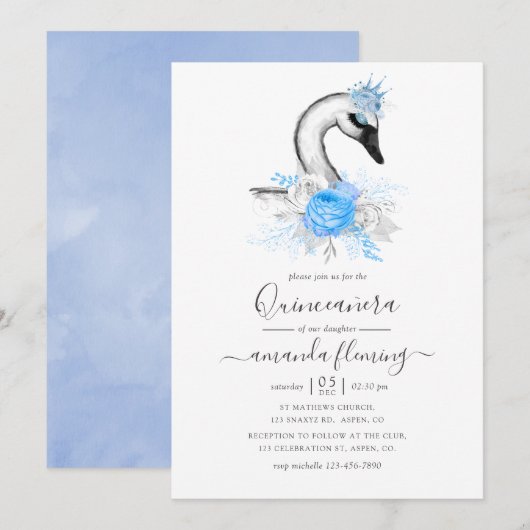 Invitation Aquarelle Floral Swan Quinceañera (Devant / Derrière)