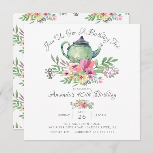 Invitation Aquarelle Floral Teapot Anniversaire Fête Invitati (Devant / Derrière)