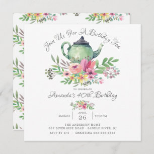Invitation Aquarelle Floral Teapot Anniversaire Fête Invitati