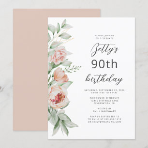 Invitation Aquarelle Floral Teint de Pêche 90e Anniversaire