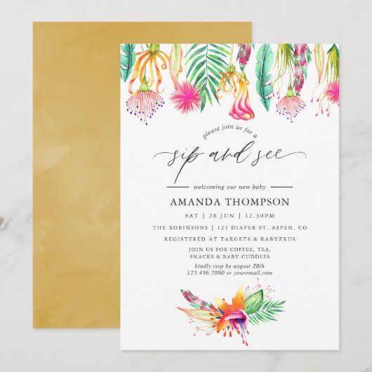 Invitation Aquarelle Floral Tropical Sip and See (Devant / Derrière)