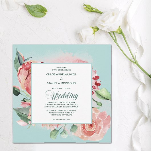 Invitation Aquarelle Floral Turquoise et Mariage rose corail