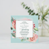 Invitation Aquarelle Floral Turquoise et Mariage rose corail (Debout devant)