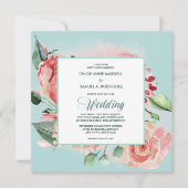 Invitation Aquarelle Floral Turquoise et Mariage rose corail (Devant)