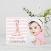 Invitation Aquarelle Floral Un premier anniversaire avec phot (Debout devant)