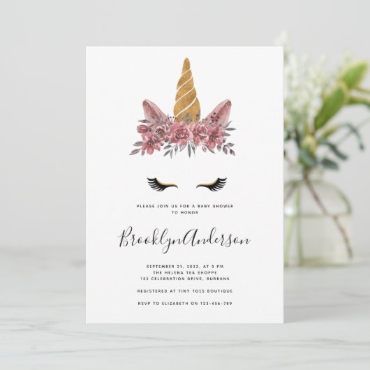 Invitation Aquarelle Floral Unicorn Baby shower (Debout devant)