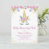 Invitation Aquarelle Floral Unicorn Baby shower par courrier (Debout devant)