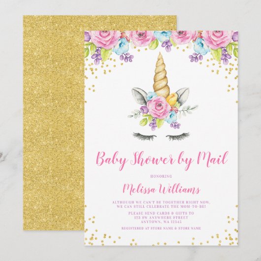 Invitation Aquarelle Floral Unicorn Baby shower par courrier (Devant / Derrière)