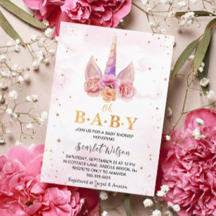 Invitation Aquarelle Floral Unicorn Horn Baby shower Invitat