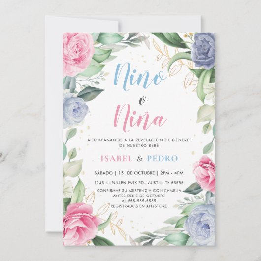 Invitation Aquarelle Floral Verdure Espagnol Genre Reveal (Devant)