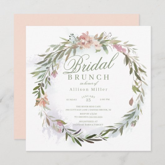 Invitation Aquarelle Floral verdure Wreath Bridal Brunch (Devant / Derrière)