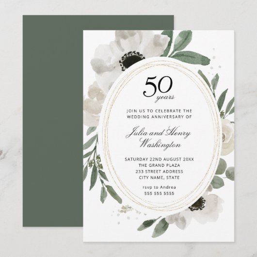 Invitation Aquarelle Floral Vert 50e anniversaire Mariage (Devant / Derrière)