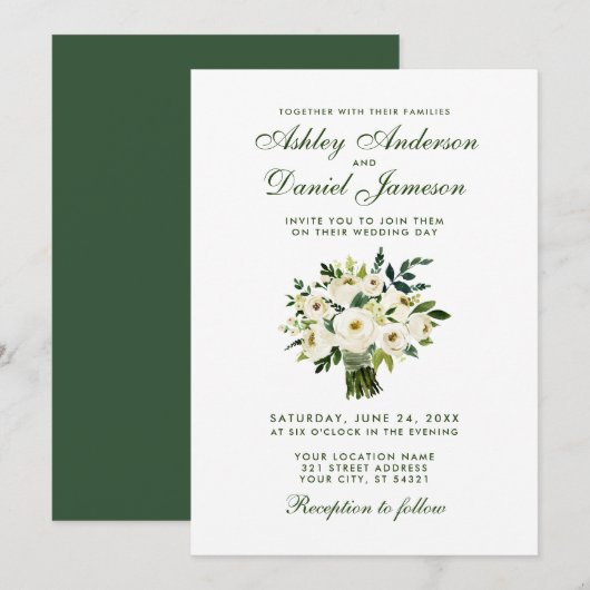 Invitation Aquarelle Floral Vert Blanc Mariage Bouquet GB (Devant / Derrière)