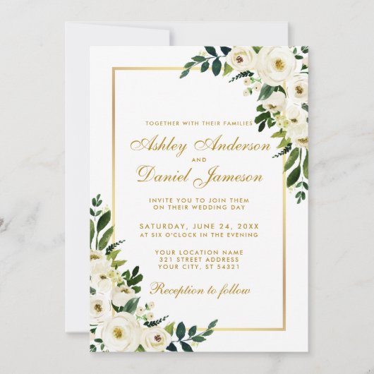 Invitation Aquarelle Floral Vert Blanc Or Mariage G (Devant)
