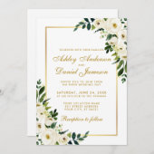 Invitation Aquarelle Floral Vert Blanc Or Mariage G (Devant / Derrière)