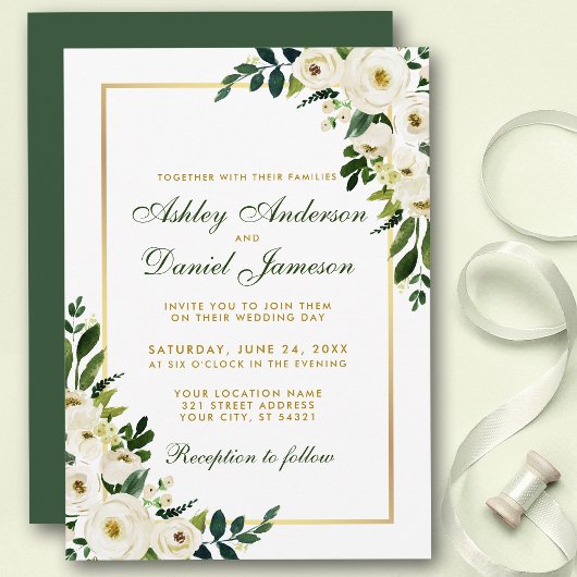 Invitation Aquarelle Floral Vert et Mariage or