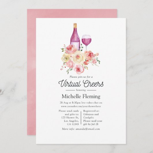 Invitation Aquarelle Floral Vin Toasting Virtual Douche (Devant / Derrière)
