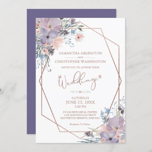 Invitation Aquarelle Floral violet Mariage géométrique