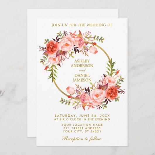 Invitation Aquarelle Floral Wreath Coral Gold Mariage (Devant / Derrière)