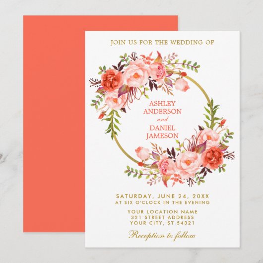 Invitation Aquarelle Floral Wreath Coral Mariage Or (Devant / Derrière)