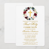 Invitation Aquarelle Floral Wreath Gold Première communion (Devant / Derrière)