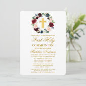 Invitation Aquarelle Floral Wreath Gold Première communion (Debout devant)