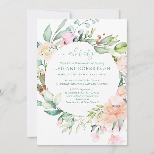 Invitation Aquarelle Floral Wreath Oh Baby Pastel Douche (Devant)