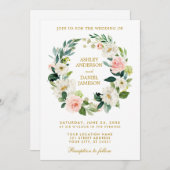Invitation Aquarelle Floral Wreath Rose Blanc Or Mariage (Devant / Derrière)