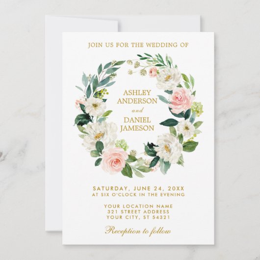 Invitation Aquarelle Floral Wreath rose Blanc Or Mariage P (Devant)