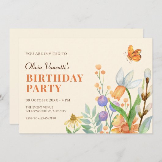 Invitation Aquarelle florale (Devant / Derrière)