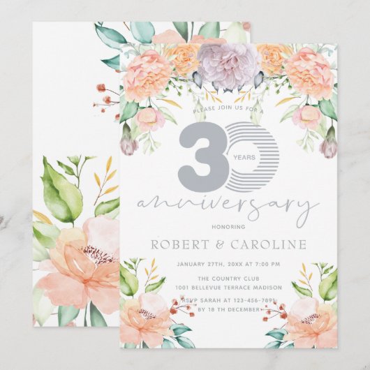 Invitation Aquarelle florale 30e anniversaire de mariage (Devant / Derrière)