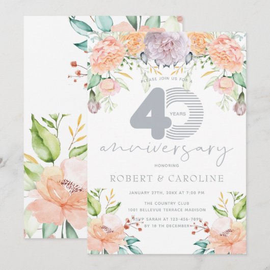 Invitation Aquarelle florale 40e anniversaire de mariage (Devant / Derrière)