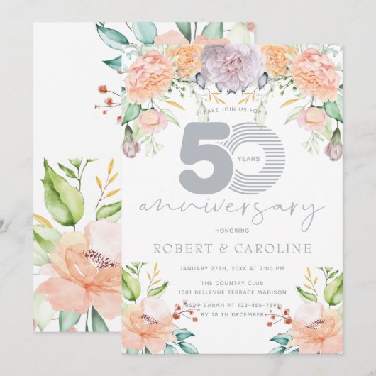 Invitation Aquarelle florale 50e anniversaire de Mariage (Devant / Derrière)