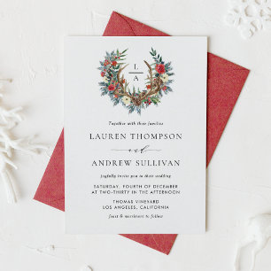 Invitation Aquarelle Florale Antler Wreath Monogram Mariage