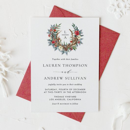 Invitation Aquarelle Florale Antler Wreath Monogram Mariage