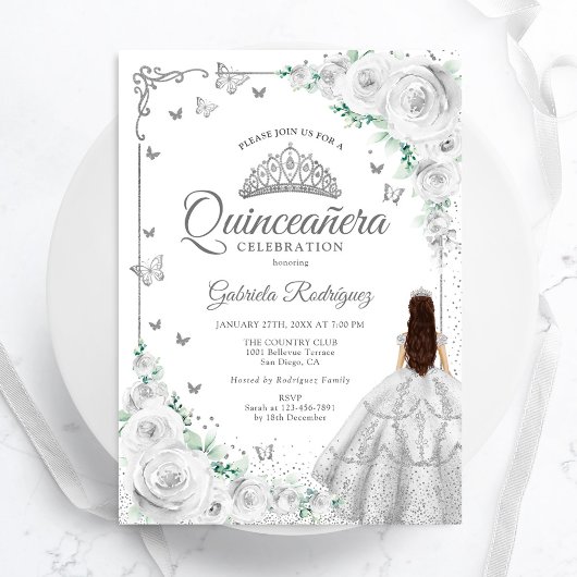 Invitation Aquarelle florale argent Roses Quinceanera