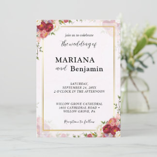 Invitation Aquarelle florale avec motif rose pastel et or