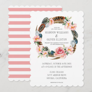 Invitation Aquarelle Florale avec plumes   Mariage