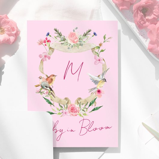 Invitation Aquarelle florale Baby shower Monogramme rose