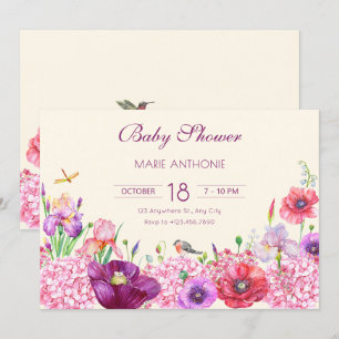 Invitation Aquarelle florale baby shower naturel oiseau