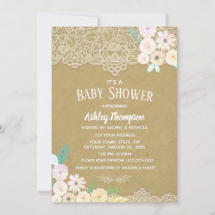 Invitation Aquarelle florale Baby shower rose et dentelle
