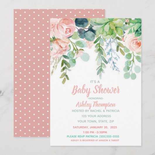 Invitation Aquarelle florale Baby shower rose pâle (Devant / Derrière)