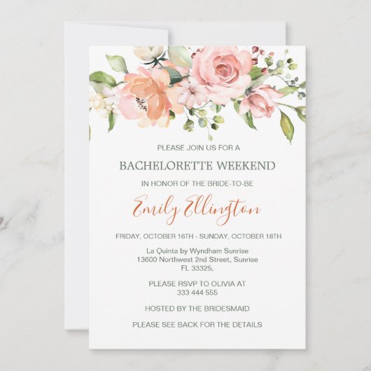 Invitation Aquarelle florale Bachelorette Week-end Itinéraire (Devant)