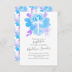 Invitation Aquarelle Florale Baptême bleu croisé