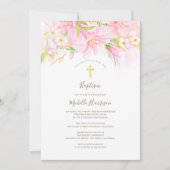 Invitation Aquarelle florale Baptême fille rose pâle (Devant)