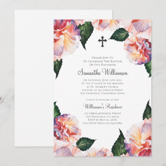 Invitation Aquarelle Florale Baptisée (Devant / Derrière)